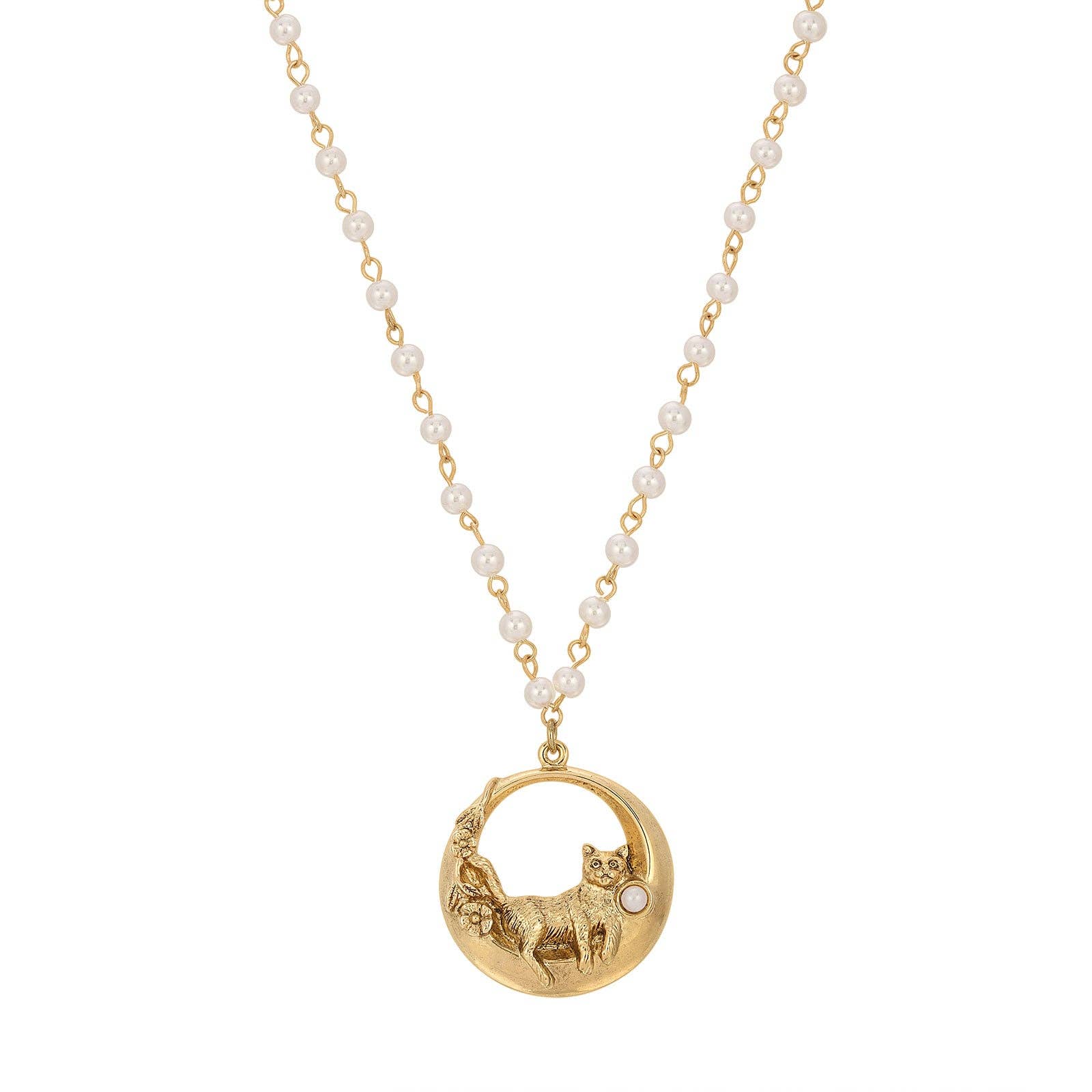 Jewelry Cat & Flowers Faux Pearl Necklace