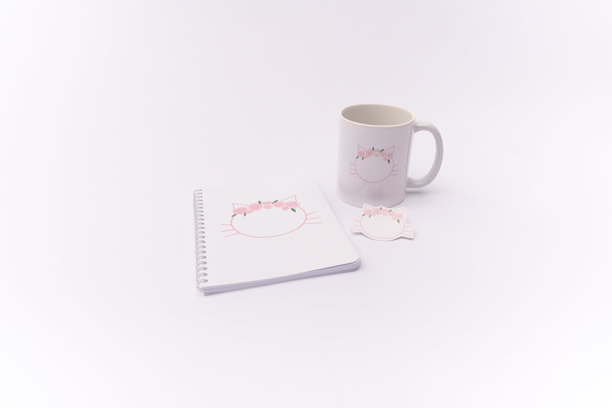 Large spiral bound cat notebook with flower crown